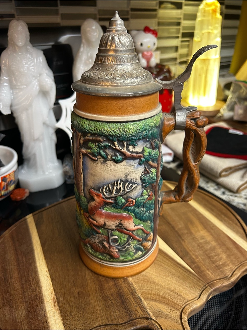 Vintage Ceramic Deer Hunting Stein with Pewter Lid - Brown/Green